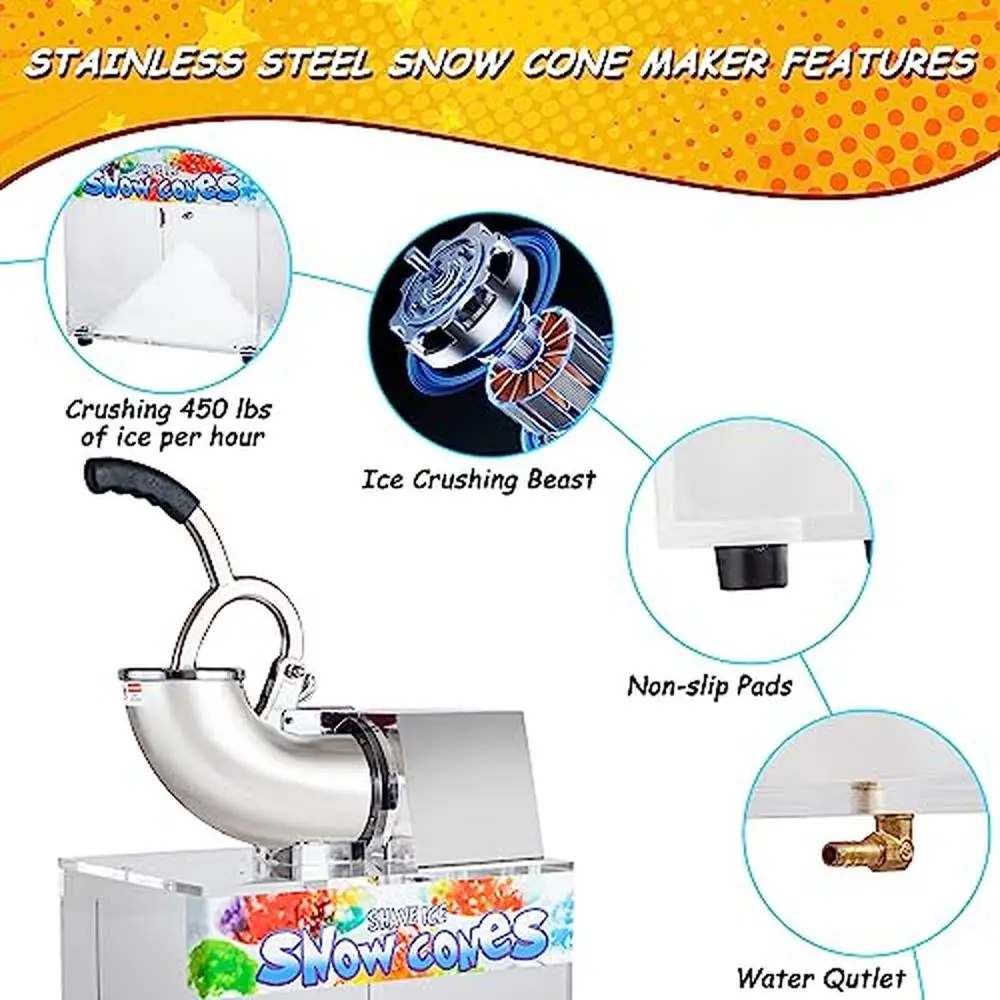 Commercial Electric Snow Cone Machine 48L 500LB/H Ice Shaver Kit Party Activities Fast Ice Crushing Beast with Rich Accessories 3