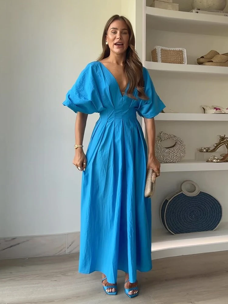 

Chic Women Puff Half Sleeved Solid Blue Maxi Dress Elegant V Neck High Waisted Loose Hem Long Dresses Summer Lady Party Gown