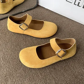 2025Retro Genuine Leather Shallow Mouth Straight Strap  Jane Single Toe Layer Cowhide Soft Leather Sole Versatile Leather Shoes 1