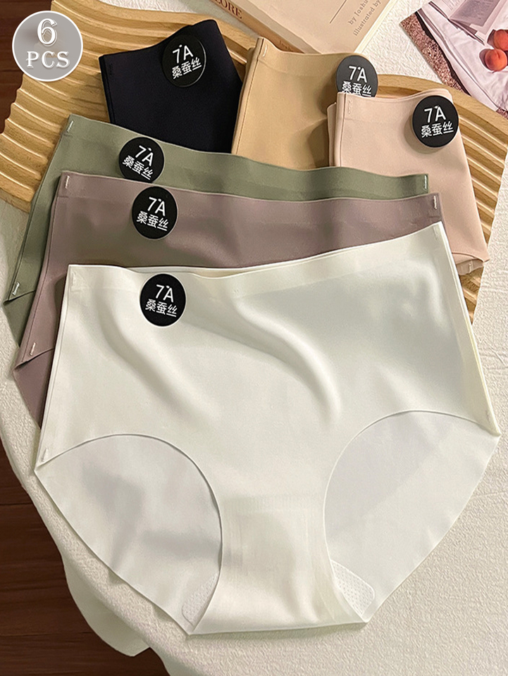 6PCS Casual Simple Solid Color Ice Silk Slim-fit Women's Panties Sports Daily Mid-waist Women's Briefs.