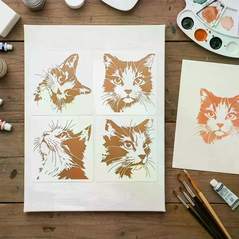 4개/세트 고양이 그림 스텐실, 귀여운 새끼 고양이 패턴이 있는 재사용 가능한 속이 빈 DIY 몰드, 나무 간판, 벽, 저널에 적합