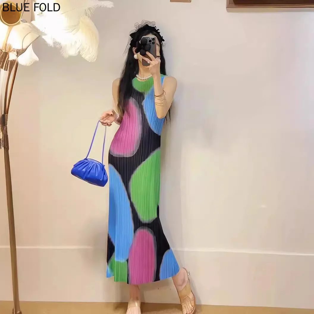 

MIYAKE PLEATS Printed Colorful Sleeveless High-elastic Pleated Fashionable and Elegant Commuter Sundress Dress High Quality