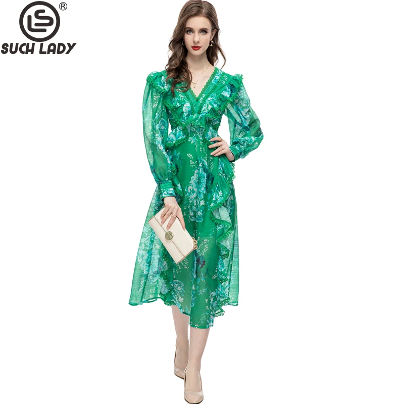 

Women's Runway Dresses Sexy V Neck Long Lantern Sleeves Embroidery Piping Printed Ruffles High Street Mid Vestidos