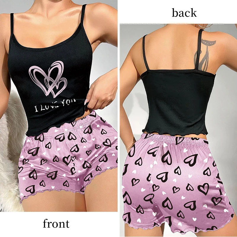 Women's Milk Silk Pajamas Set Summer Sleeveless Heart Print Shorts Sleepwear Sexy Comfortable Loungewear Two Piece