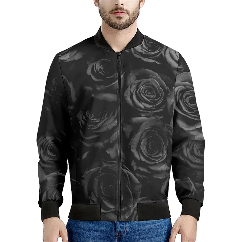 thumbnail image 1 of Chaqueta bomber con estampado 3D de flores rosas para hombre, sudadera con gráfico floral para primavera y otoño, tops para mujer, abrigo de manga larga con cremallera para calle, 1 of 5