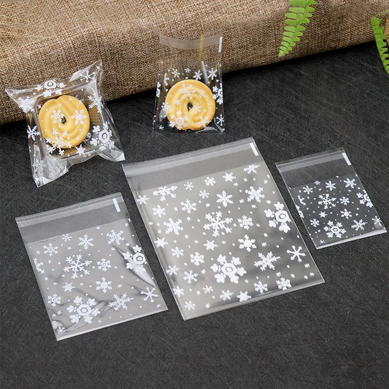 100Pcs Snowflake Christmas Plastic Bag Candy Cookie Biscuits Jewelry Packaging Bags Adhesive Gift Bag For Home Wedding Party 10 50pcs small plastic zip bags candy pouches reclosable jewelry cookie food storage bag zipper bags colors gift packaging case