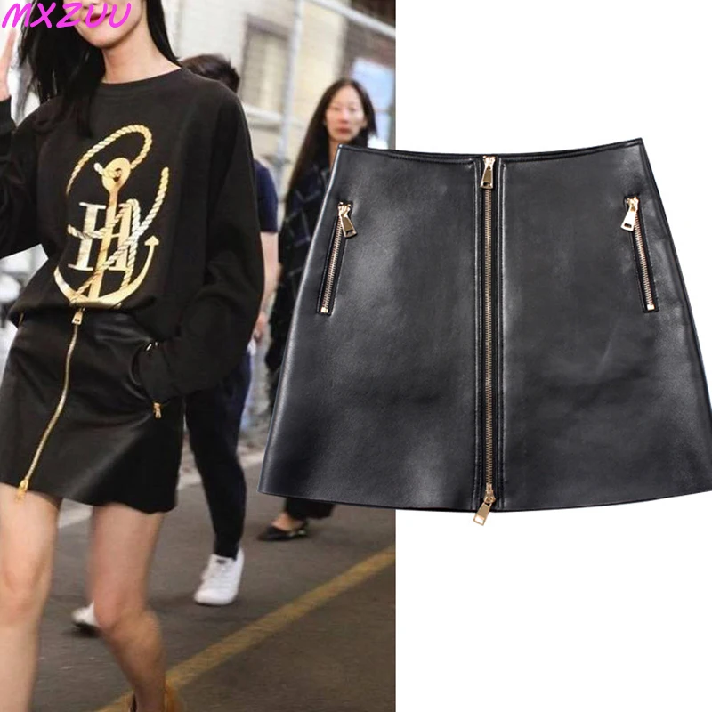 

Black Leather Short Skirt For Women Autumn A-line Wrap Hip Mini Jupe Femme Genuine Sheepskin High Waist Slim Zipper Zevity Saias