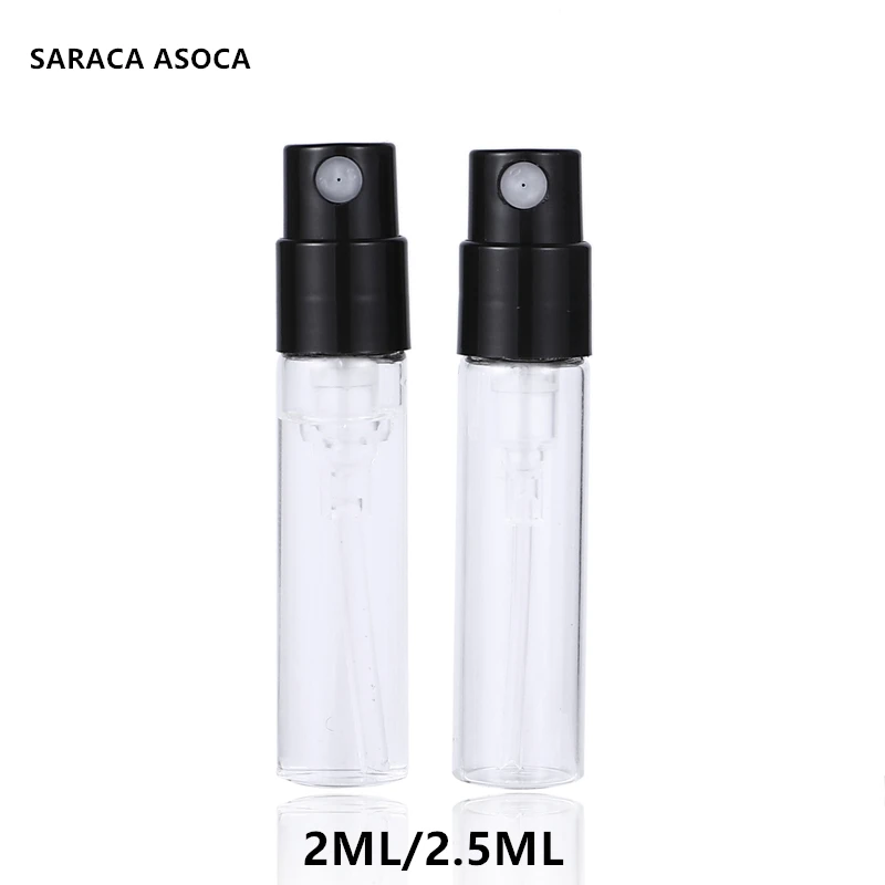 투명한 검은색 분무기 샘플 향수병, 총검 유리병, 2ml, 2.5ml, 400 개/로트