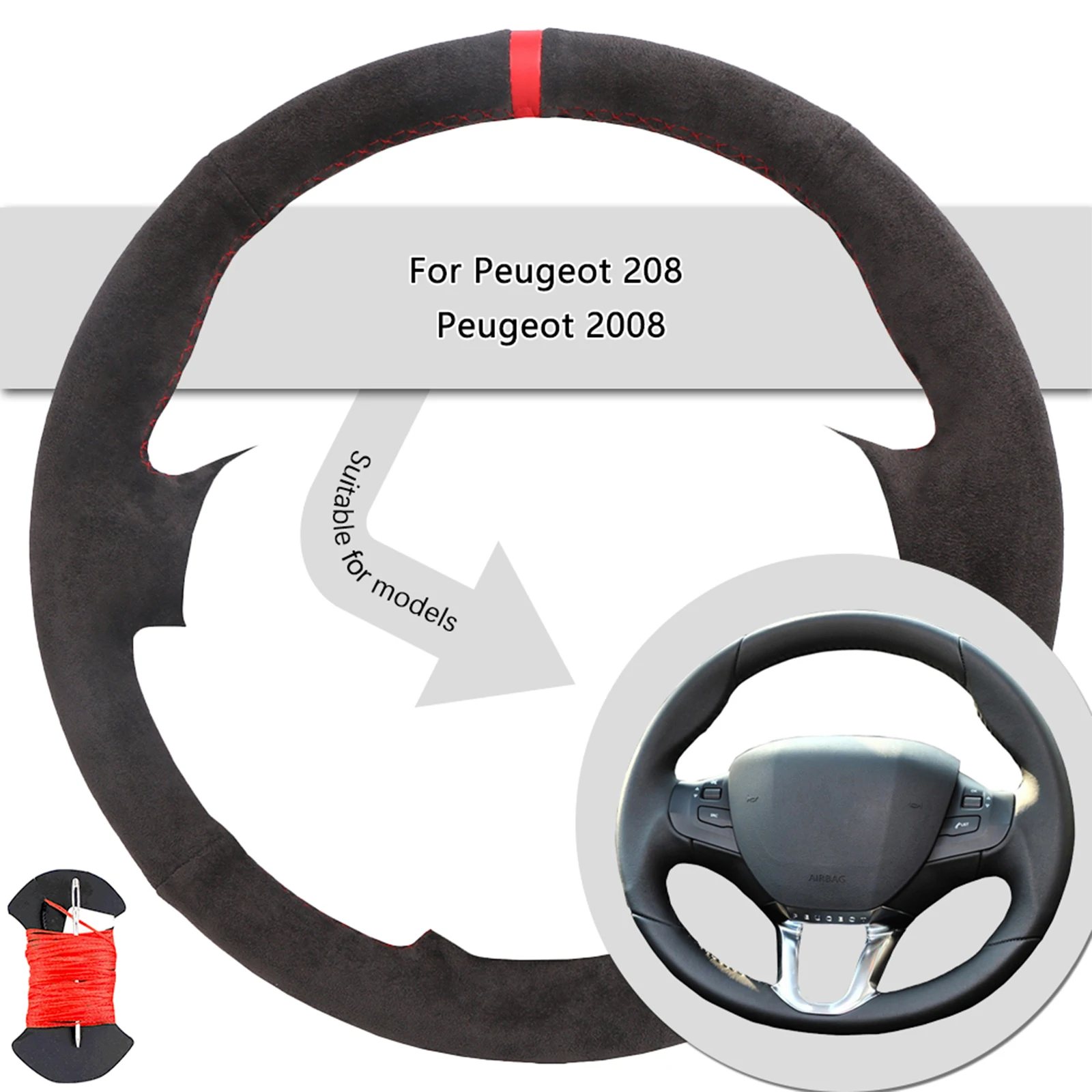 Dark Grey Car Steering Wheel Cover For Peugeot 208 Peugeot 2008 Soft Suede  Leather Steering Wheel Braid Hand-sewn - AliExpress