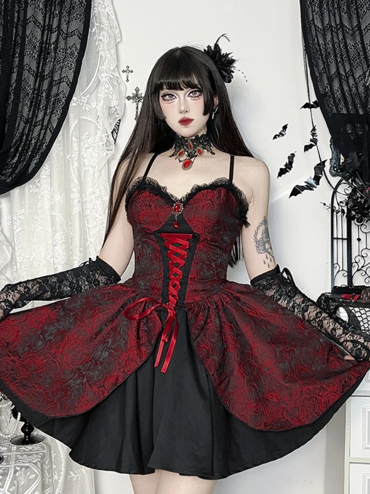 AltGoth Dark Gothic Lolita Dress Women Halloween Vintage High Waist Lace  Patchwork Red Rose Jacquard Dresses Cosplay Partywear - AliExpress 200000345