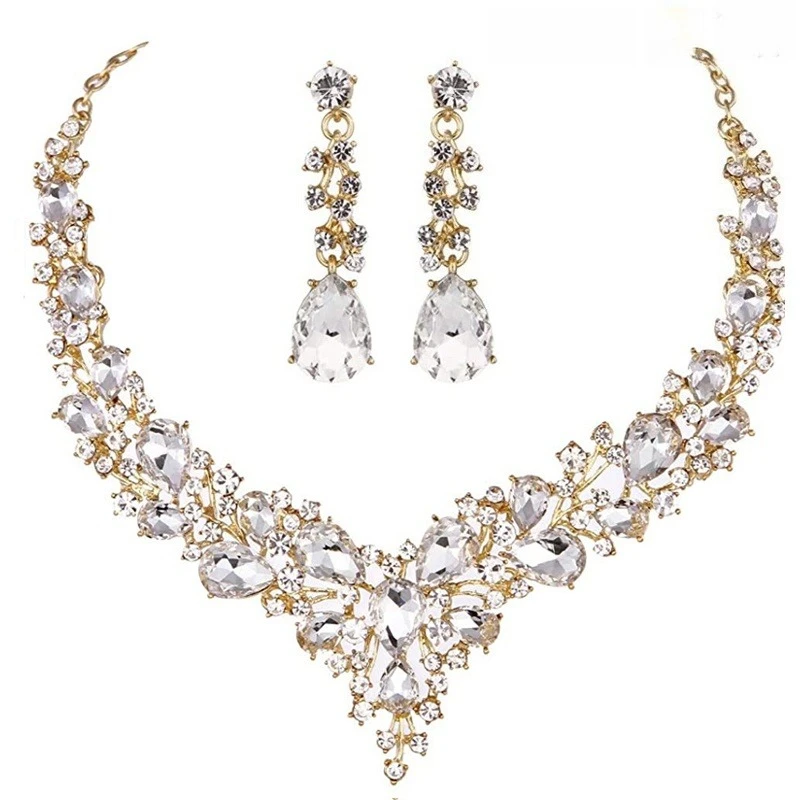 Elegantes Braut-Set mit Kristall-Strass-Halskette und Ohrringen, Hochzeit, Valentinstag, Geschenk, Tropfenform, baumelnder Statement-Schmuck – Detail 1