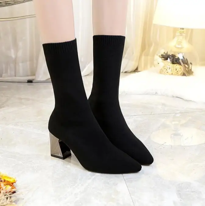 Winter High Heel Winter Boots for Women Cross-strap Ankle Boots Ladies Shoes Elastic ankle boots with wool tube Fashion Boots