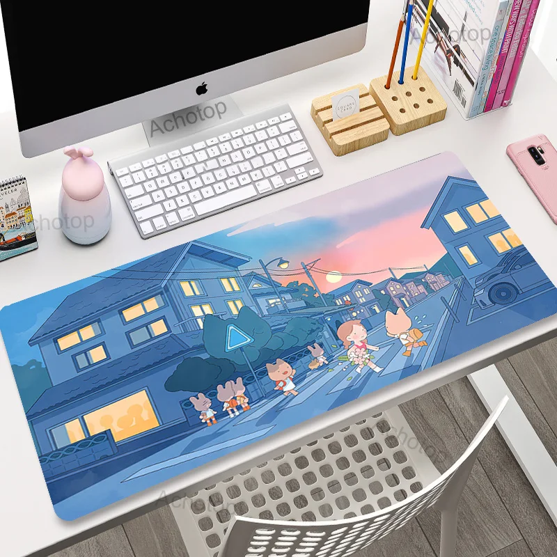 

Cute Blue Desk Mat Kawaii Anime Mousepad Aesthetic Mause Carpet Laptop Rug Round Mousepad Large Gaming Deskmat mouse Pad 900x400