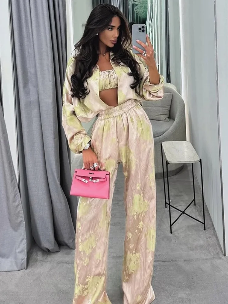 Wmstar Three Ece Set Women Wholesale Woman 2025 Summer New Fashion Lapel Long-sleeved Shirt Strapless Wide Leg Long Pants