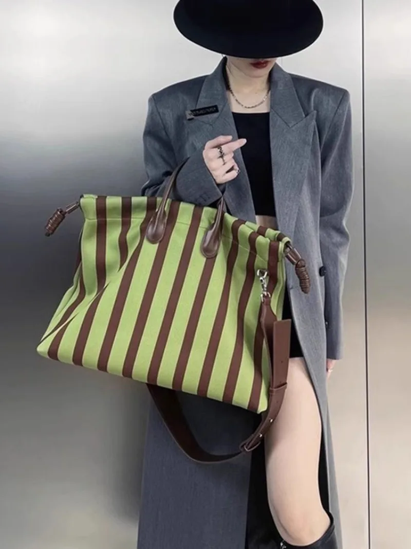 NEW Large Capacity Elastic Stripe Bucket Bag Tote Shopping Bag Crossbody Shoulder Bag Drawstring Soft Fabric Handbag