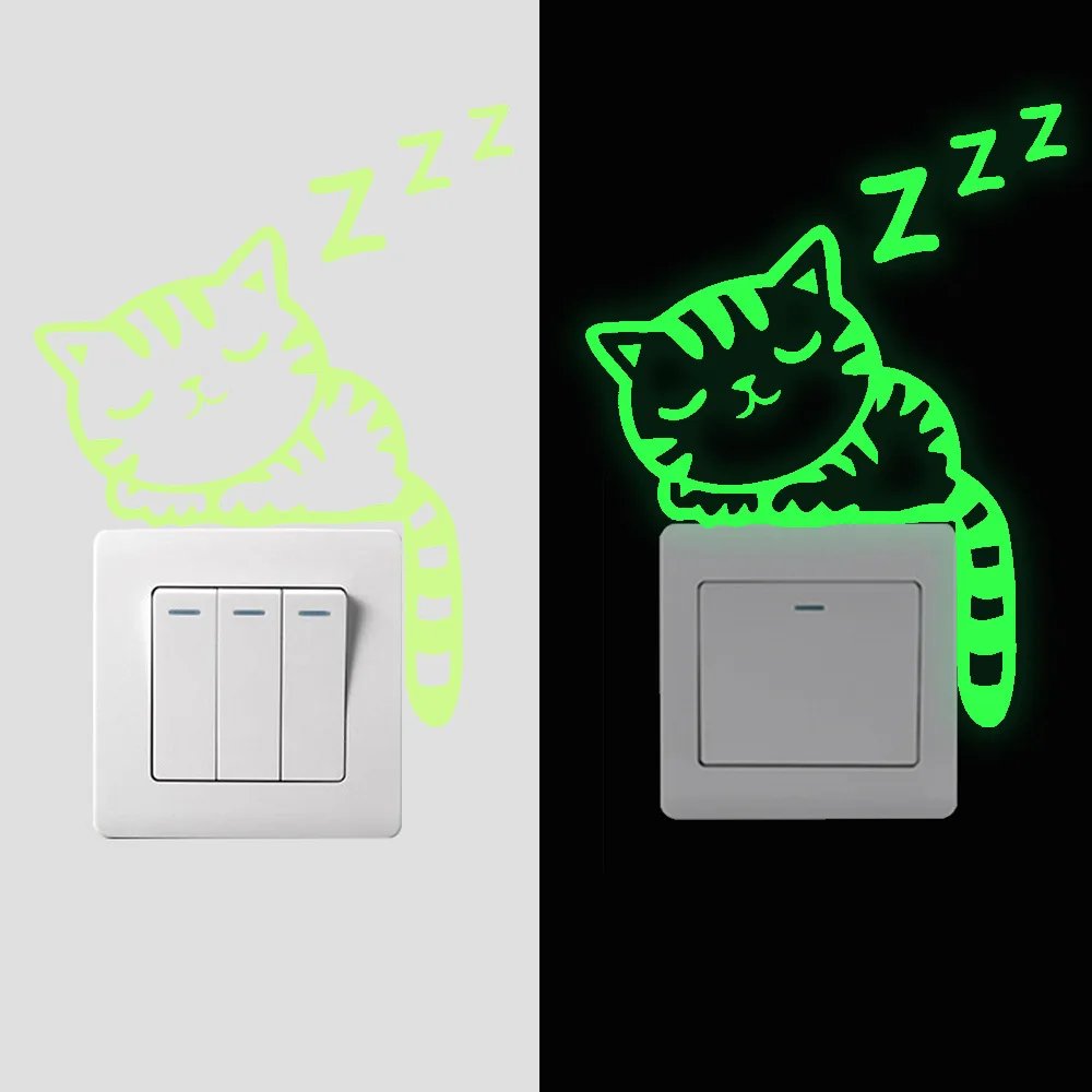 Wall Stickers Luminous Cartoon Switch Glow in Dark Cat Kitten for Kid Bedroom Decoration