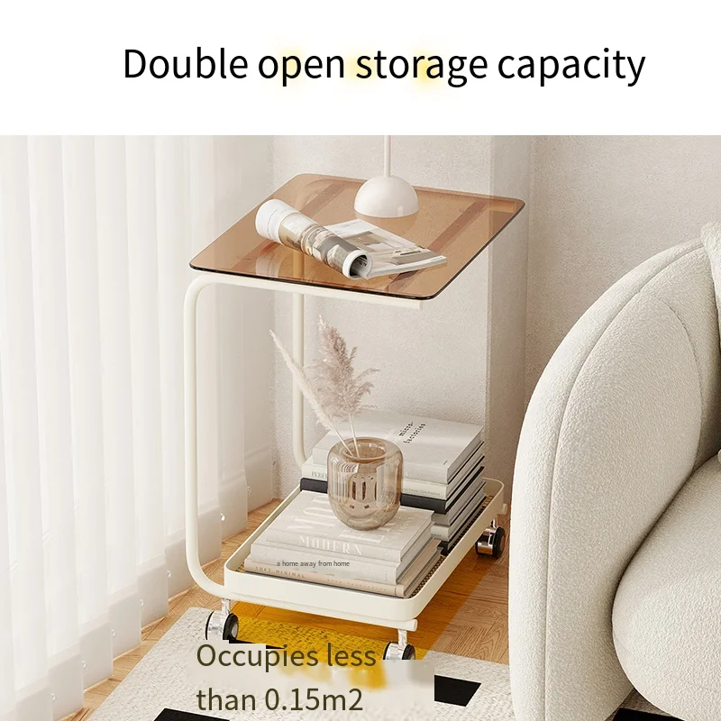 Modern Cream Marble Side Table C-Shaped Edge Small-Sized Movable Coffee Table Simple Bedside Furniture with Metal Base