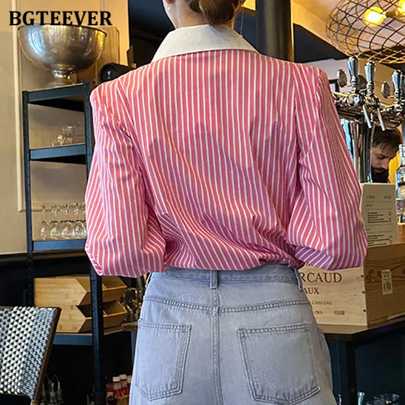 BGTEEVER Fashion Lapel Patchwork Striped Blouses Women Tops Long Sleeve Single-breasted Loose Female Shirts Spring Blusas