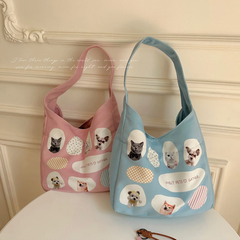 

Cotton Women Shopping Bag For Cartoon Dogs Canvas Large Foldable Shopper Shoulder Bags Female Students Books Tote Handbags