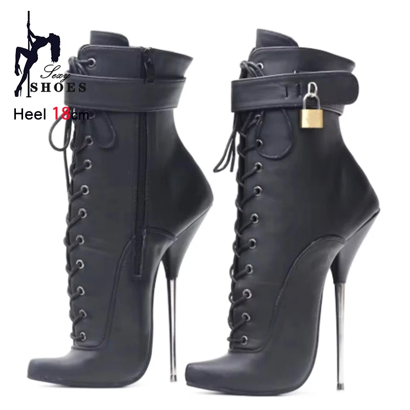 18CM/7'' Stiletto Heels Matte Leather Pointed Lockable Padlocks Short Boots Nightclub Club Fetish Sexy Shoes Women Ballet Boots