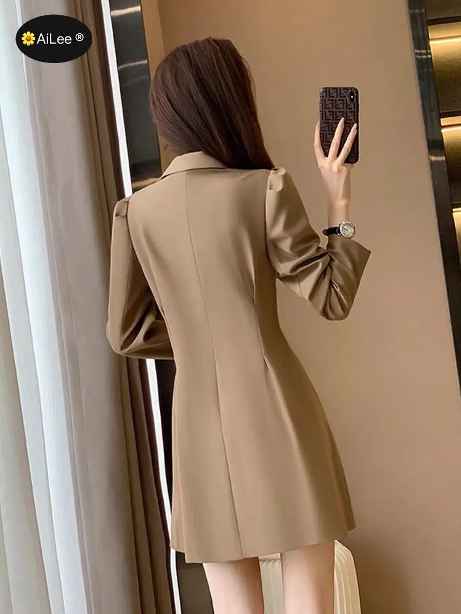 Fashion Chic Slim Waist Women Solid Blazer Elegant Office Wear Dlouble Breasted Button Female Suit Jacket Spring Trench Dress