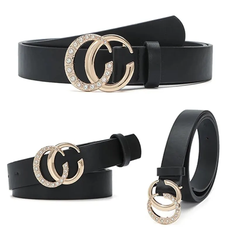 1pc Women's Belt Fashionable Rhinestone Inlaid Golden CC Buckle Belt Retro Hundred Paired Dress Jeans Belt Pu Leather Lady Belt