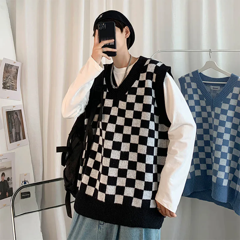 Streetwear Sweater Vest | Blue Plaid Sweater Vest | Plaid Sweater Vest Men  - V-neck - Aliexpress