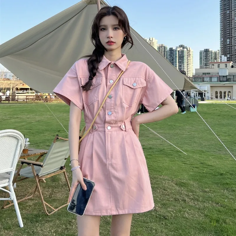 

2024 New Summer Short-sleeved Dress for Women Students Japanese Polo Collar Slim A-line Short Dress Pockets Women Sweet Dresses