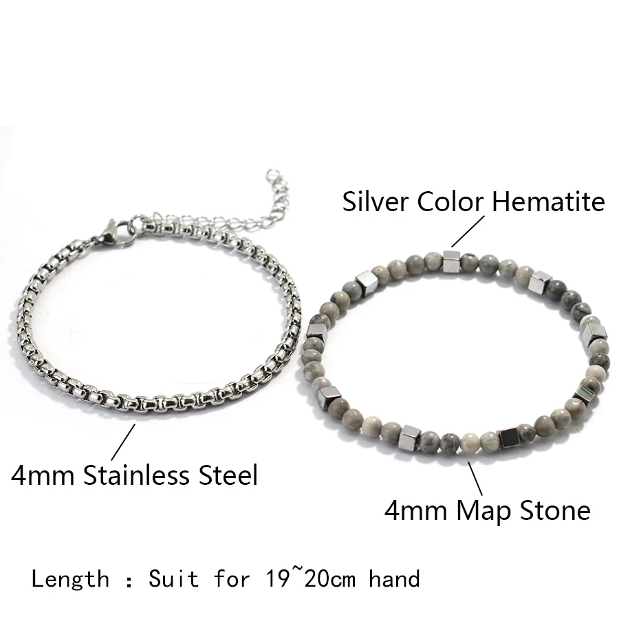 Stainless Steel Men Cuban Chain Bracelet with Hematite Stone
