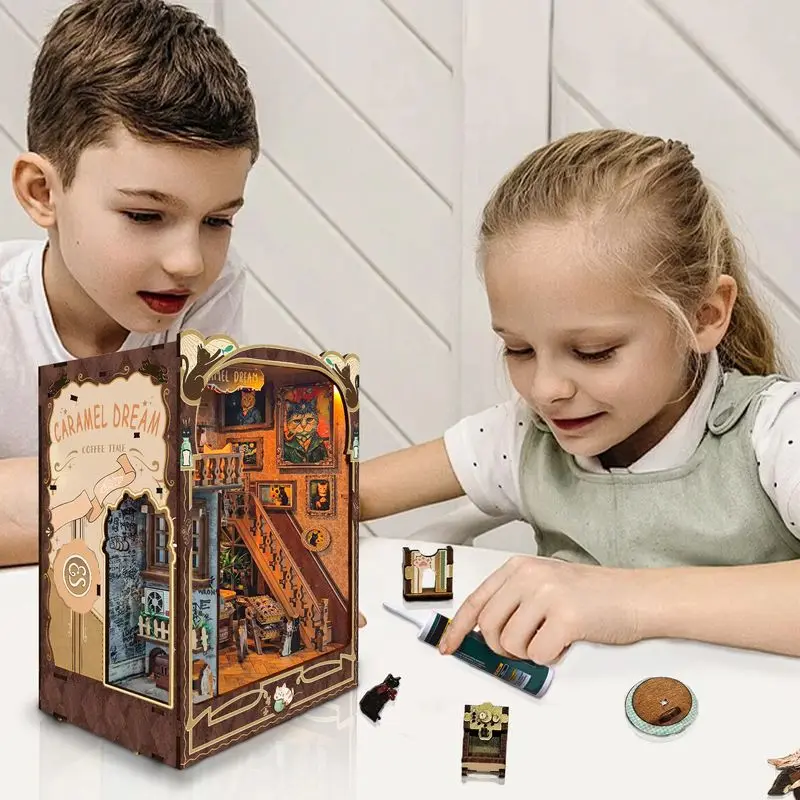 New Wooden Diy Handmade Bookend Book Nook Insert Shelf Caramel Dream Miniature Model Kits With Furniture Bookshelf New Year Gift 6