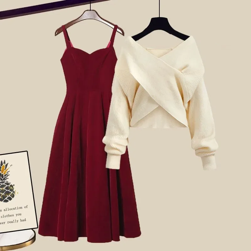 Autumn/Winter Women's Set 2024 New Year Versatile Solid Color Cross Sweater Slim and Versatile Dress Two Piece Set