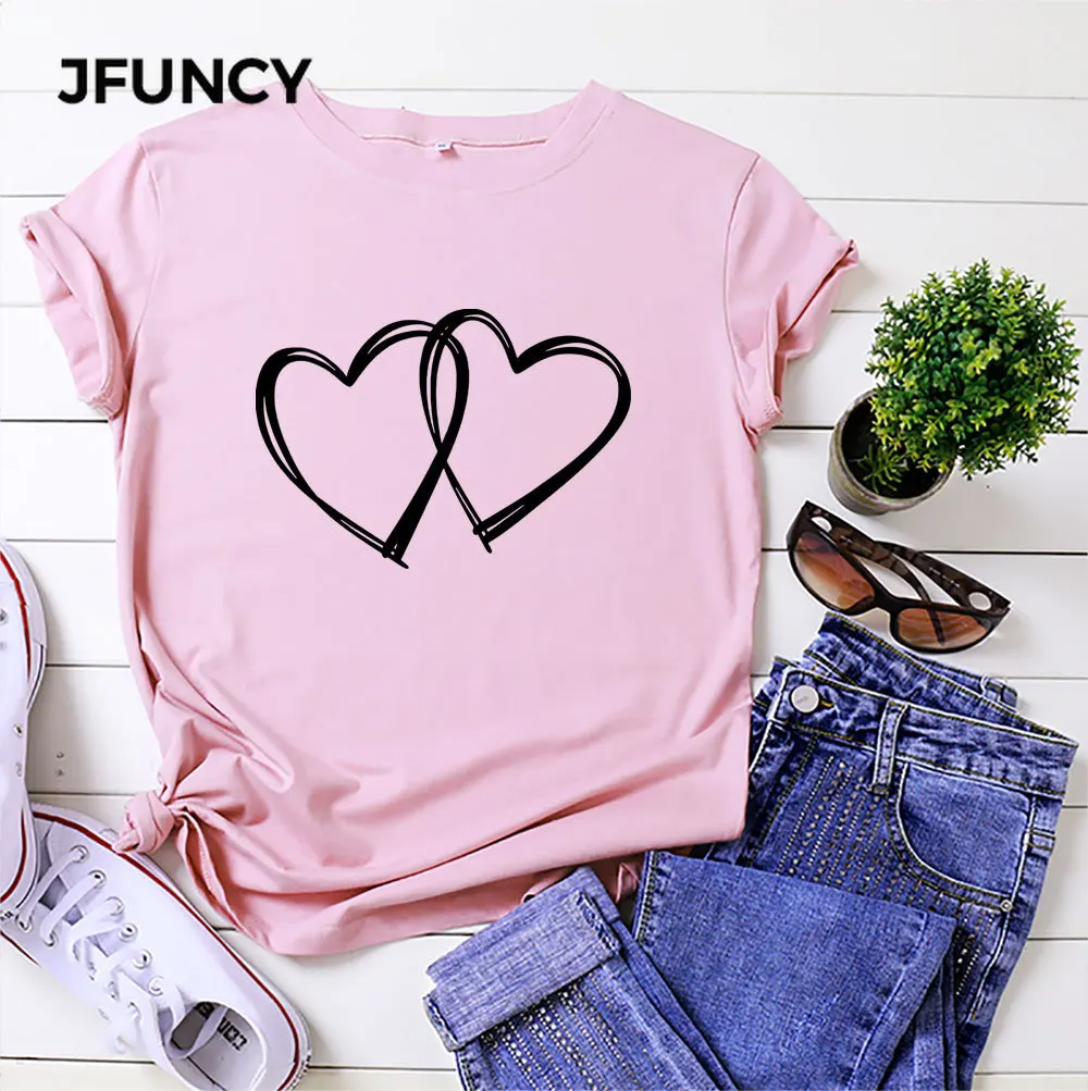 

JFUNCY Summer Cotton T Shirt for Women Heart Graphic Print Tshirt Oversized Loose Tees Tops Female T-Shirts Camiseta Mujer