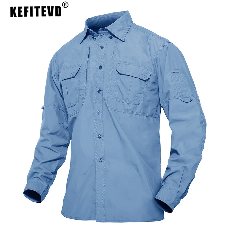 Mens Long Sleeve Fishing Shirts Multi-Pocket Outdoor Quick Dry Nylon