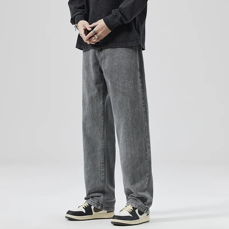 CUMUKKIYP Trendy Men's Loose-Fit Wide-Leg Jeans, American Style Denim Pants for Spring and Autumn