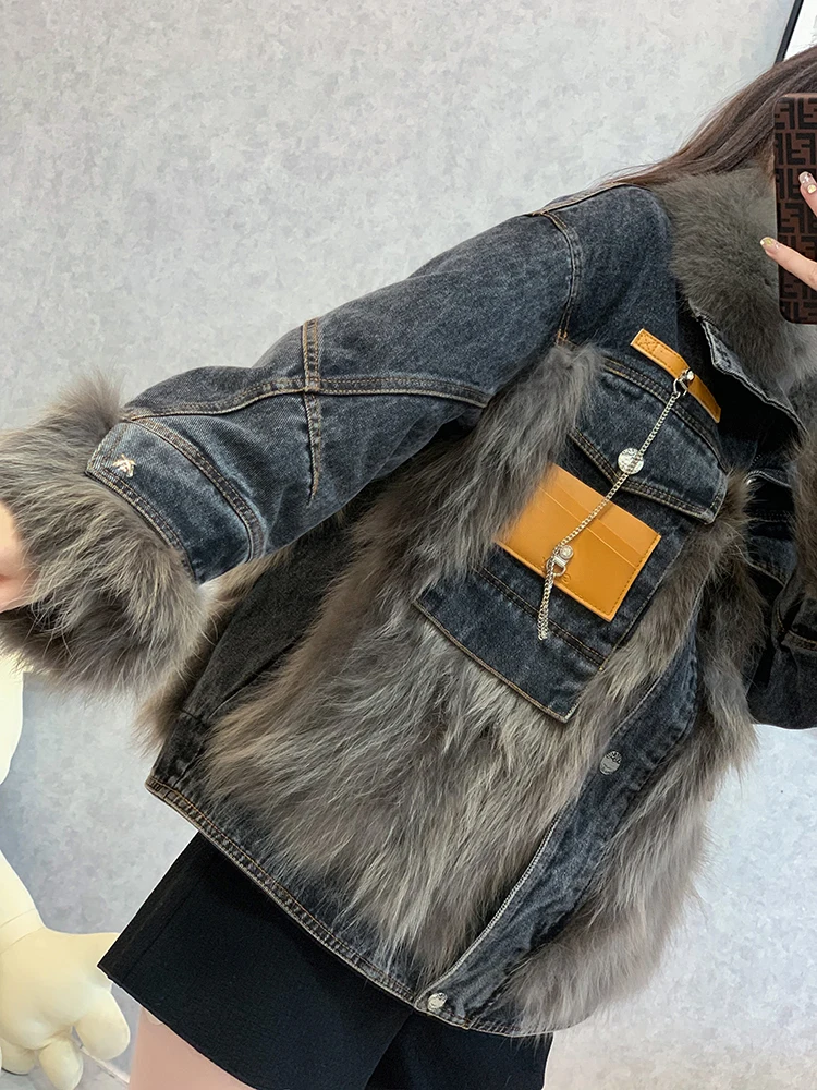Chic Metal Chain Moto Biker Style Denim Fur Jacket Women Winter Thick Warm Zipper Up Overcoat Loose Casual Short Coat Trendy