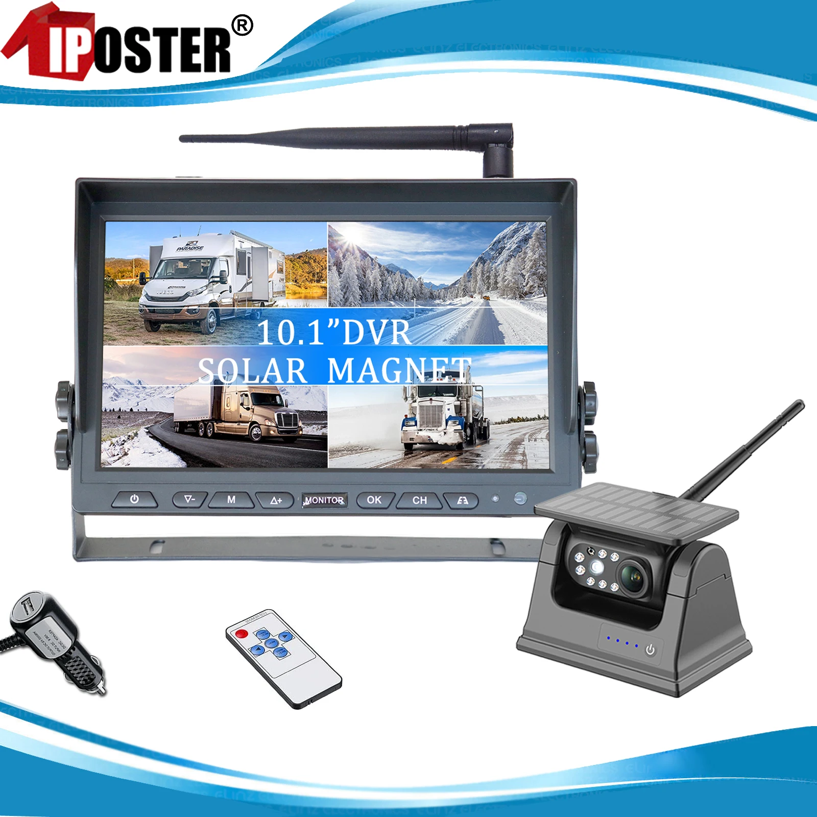 

iPoster Digital Wireless 10.1 Inch IPS Screen QUAD Monitor DVR Video Recording+Solar Panel Magnetic Base Rear View Camera Truck