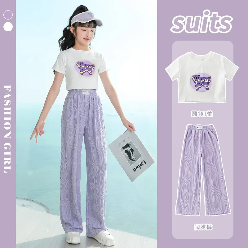 

New Summer Girls Clothes Set Junior Kids Short Sleeve+Wide Leg Pants Two Piece Set Children Loungewear Outfits kids clothes Sets