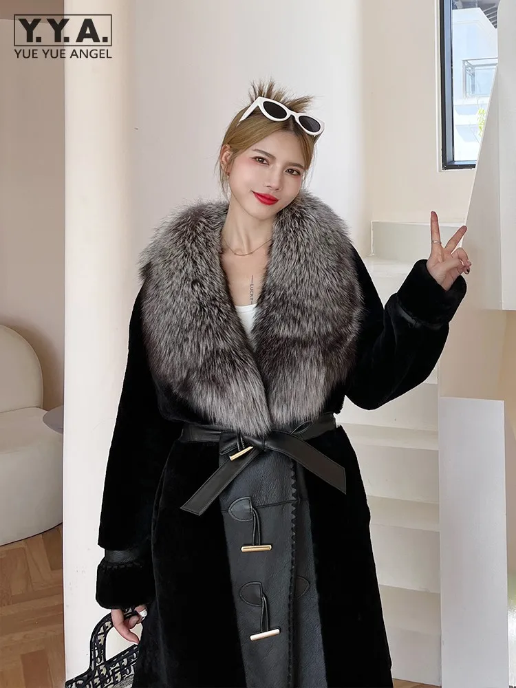 

Luxury Women Winter Warm Real Wool Coat Fox Fur Collar Belted Natural Lamb Fur Overcoat New Leather Spliced Mid Long Trench Coat