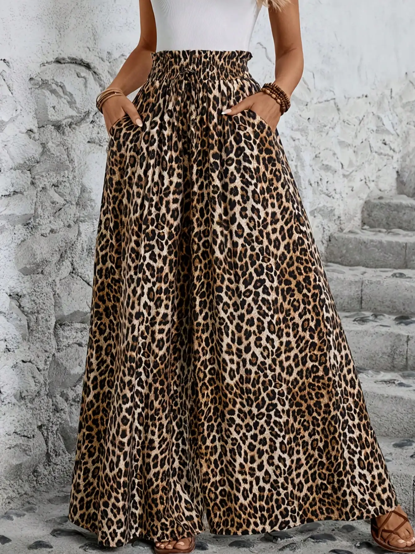 Women’s leopard print high waist wide leg casual fashion pants 003