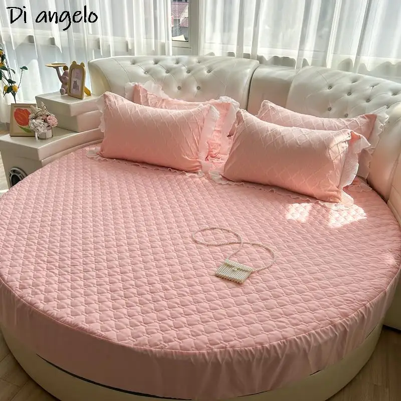 Pink Round Fitted Sheet Thick Cotton Quilting Romantic Round Bed Sheet Bedding Set Mattress Cover Family Home Themed Hotel #/ 3