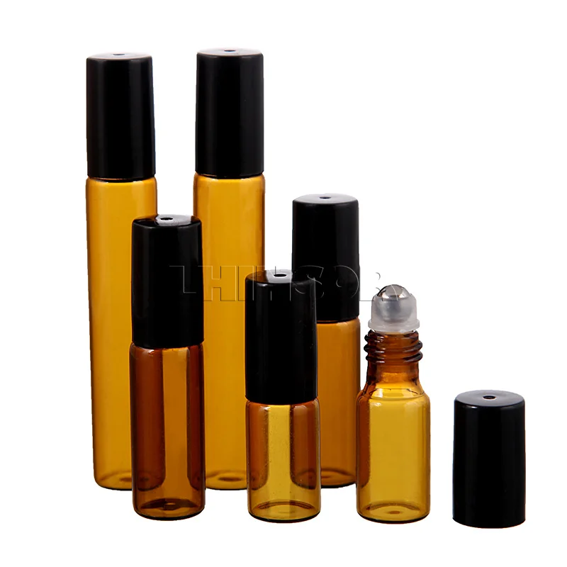 

50pcs/lot 1ml 2ml 3ml 5ml 10ml Empty Amber Glass Roll on Essential Oil Bottles Test Vials with Roller Ball for Doterra