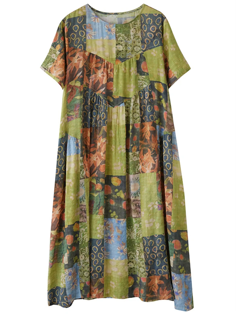 Summer Cotton Vintage Casual Loose Print Dresses For Women Short Sleeve Dress Femme Vestidos Elegant Office Lady Work Clothing