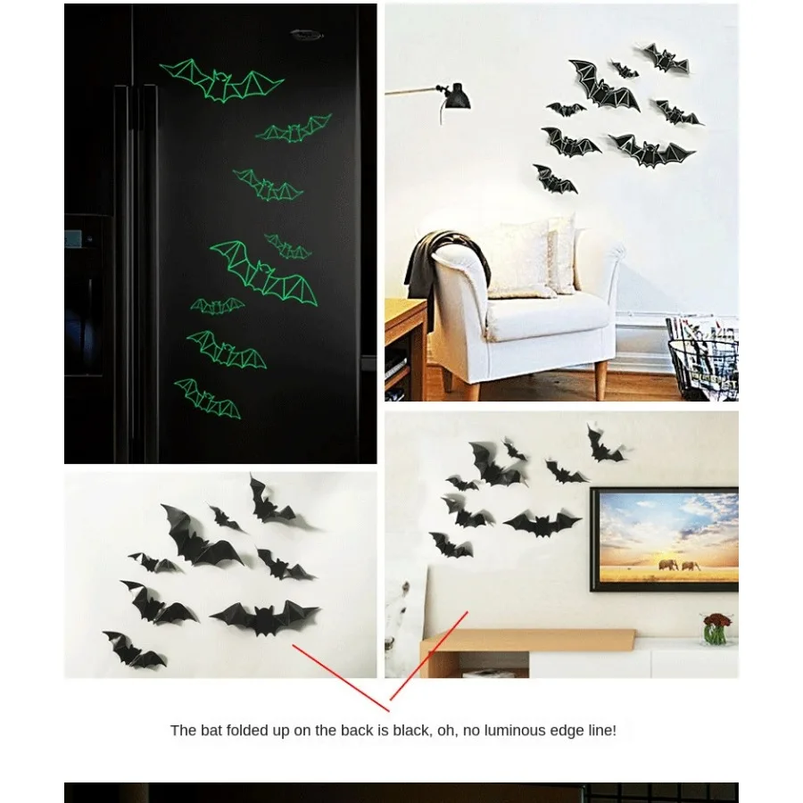 12PCS Halloween 3d Three-dimensional Glow-in-the-dark Bat Wall Stickers Holiday Party Scene Arrangement Decoration Stickers