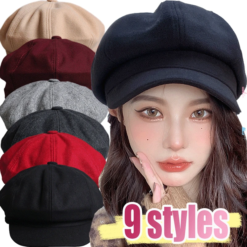 Women‘s Winter Vintage Woolen Berets Caps French Artist Warm Felt Hats Beret Female Solid Octagonal Hat Autumn Girl Newsboy Cap 1