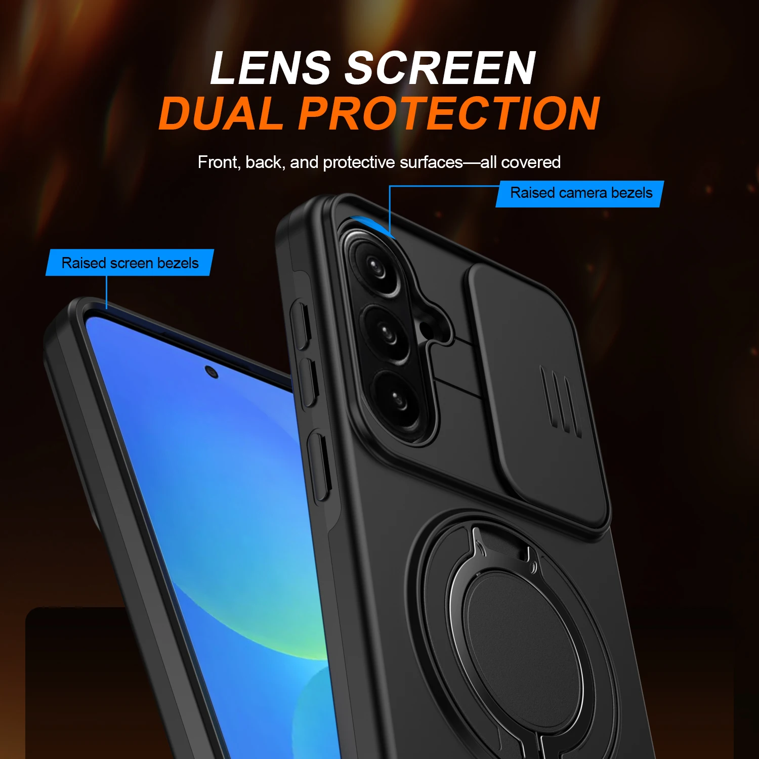 Sliding Camera Cover Armor Case with Metal Ring Stand and Durable TPU Plastic Coque