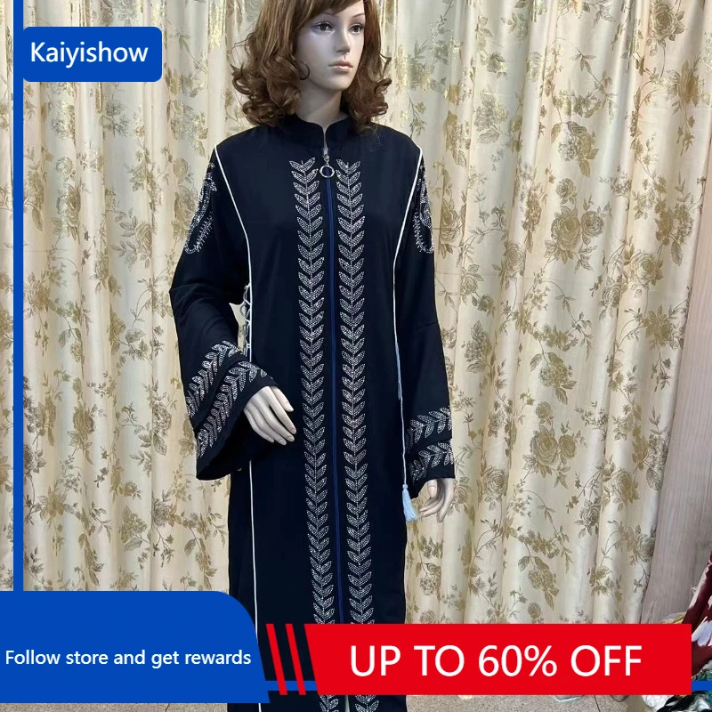 

2023New African Spring Design Bazin Chiffon Long Stick Diamonds Sleeve Dashiki Dress Lady Muslim Middle East Abaya Women Clothe