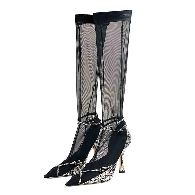 

2024 Summer New Knee High Sandal Boots Luxury Rhinestone Black Mesh Long Boots Sexy Pointed Toe Thin Heels Stretch Boots Size 43