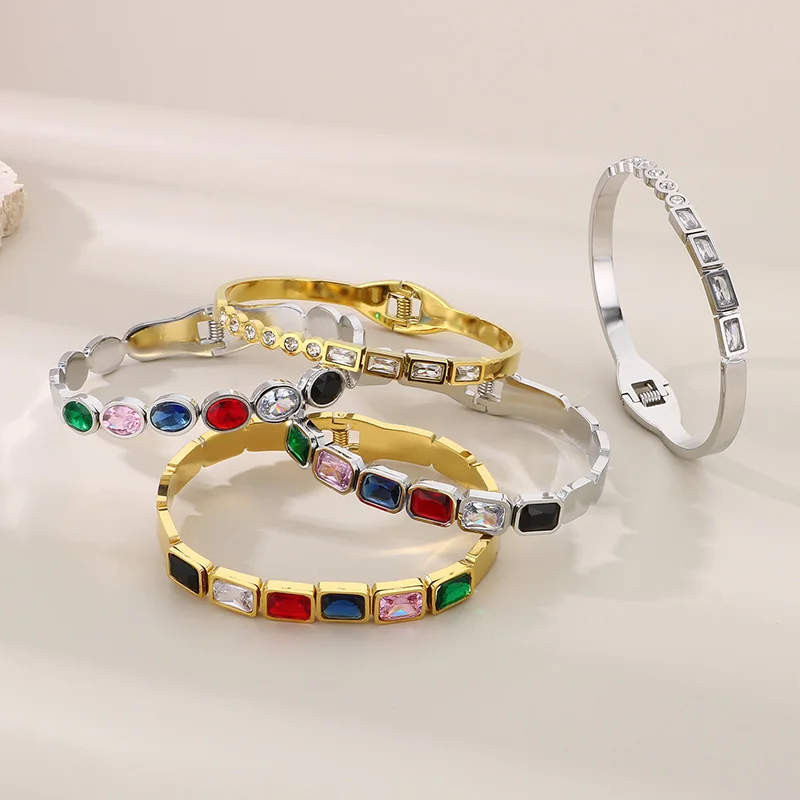 Stainless Steel Cuff Bracelets For Women Multiple Color Ellipses Square Crystal Glass Dubai Women Wedding Bangle Jewelry 4