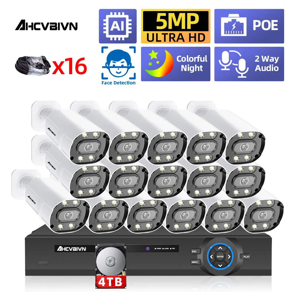

Сетевая Видеосистема безопасности 16CH Ultra HD POE, сетевой видеорегистратор H.265 с двухсторонним аудио 5 МП, водонепроницаемая, цвет ночной, стандарт IP, Совместимость с XMeye