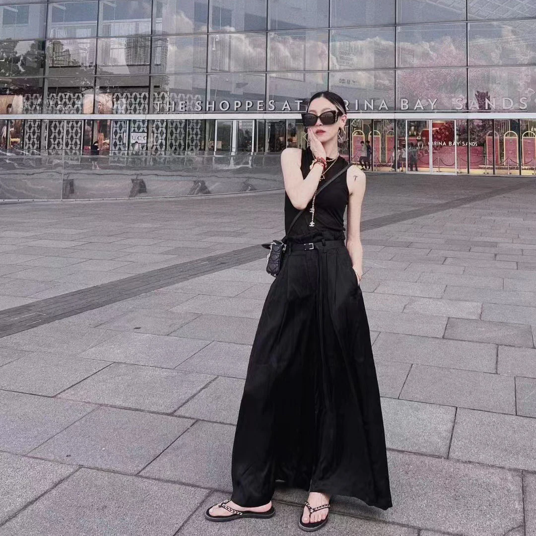 

Summer new loose high waist straight wide leg pants solid color Slim Slim thin satin y2k belt decoration casual Women's pants